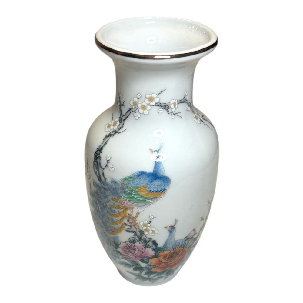 Fine China Japan Porcelain Vase Peacock Cherry Blossom White Gold Trim Floral 6”